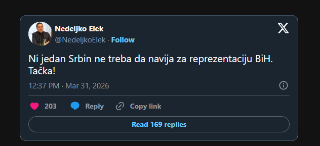 Nedeljko Elek poručio: “Ni jedan Srbin ne treba da navija za reprezentaciju BiH”